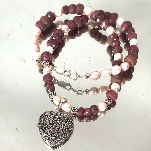 Genuine Ruby Gemstone Pearl Heart 925 Victorian Sterling Silver Necklace Pendant - Picture 7 of 10